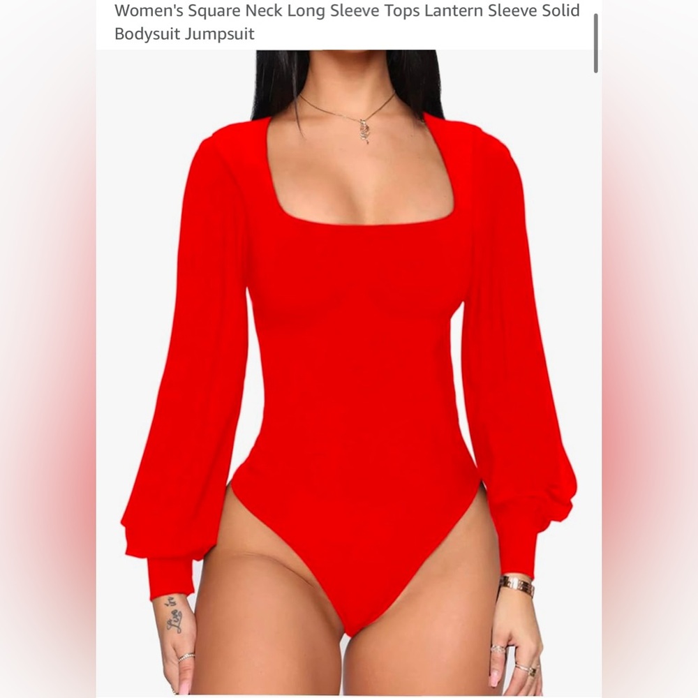 Red Square Neck Long Sleeve Bodysuit